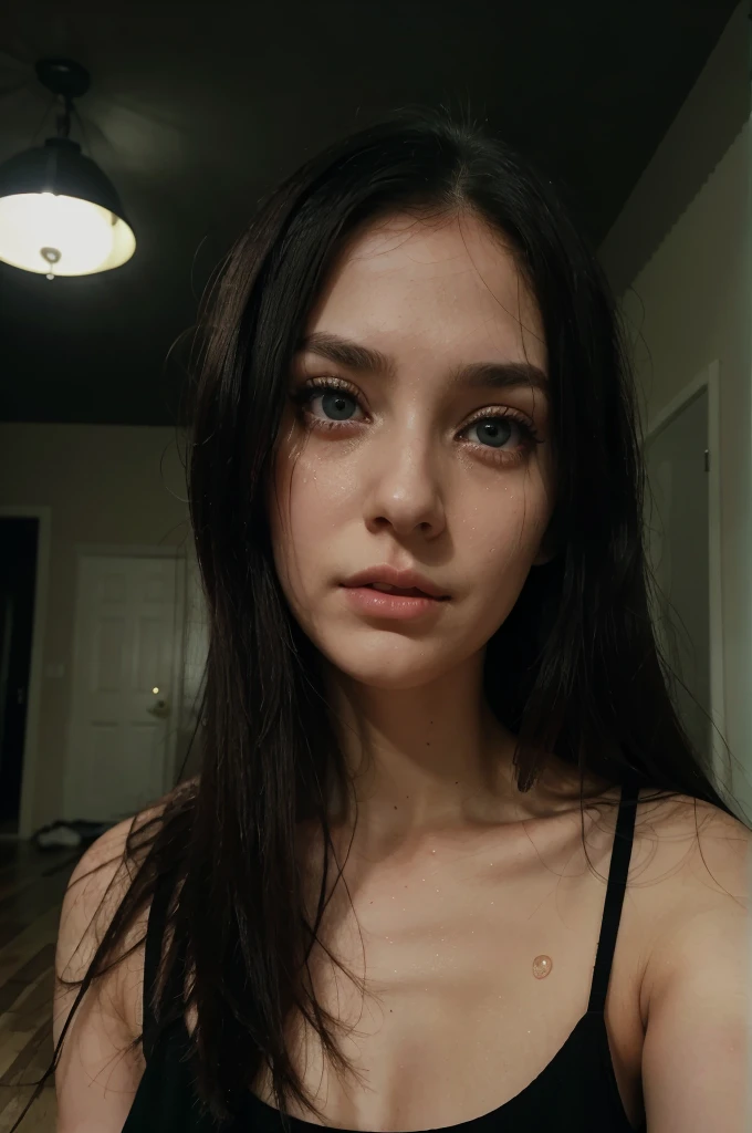 A black-haired girl a little messy her black hair, crying eyes, teary green eyes, tirada en el wooden floor, wooden floor, fine facines, large eyes, green look, scary face, his body covered by a black shirt, wearing a black shirt, in the background a dark room, a night room,pale skin, pale skin, detailed, better quality, tears come out of her green eyes, dark room, dark room, red eyes, pink cheeks, Long straight hair 