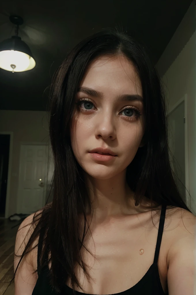 A black-haired girl a little messy her black hair, crying eyes, teary green eyes, tirada en el wooden floor, wooden floor, fine facines, large eyes, green look, scary face, his body covered by a black shirt, wearing a black shirt, in the background a dark room, a night room,pale skin, pale skin, detailed, better quality, tears come out of her green eyes, dark room, dark room, red eyes, pink cheeks, Long straight hair 