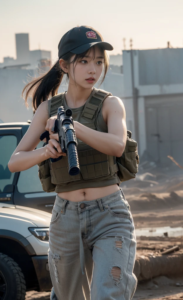 (8K, RAW photos, best quality, high resolution,Ultra-clear details,masterpiece:1.2),(Practical, Practicalな写真:1.4),(Highly detailed CG Unity 8K wallpaper),(Round Face: 1.5), (Fine pupils:1.3),(Cold eyes:1.1),(Unforgettable eyes:1.1),(You have beautiful eyes:1.1),
24 years old, Korean woman, Delicate and beautiful face、Sexy,Bronze skin, You are wearing clothes.s. Hold an assault rifle in both hands,Marines,Bulletproof vest、Backpack、heavy equipment、 Battles on the battlefield, Strong muscles, World War, Modern war themes,Army girl, running、Assault rifle with precise details, (Hold on to your rifle.: 1.3), (Aim and hold the rifle.: 1.3), Shootout, , Baseball cap, car on fire, War Zone,, explode, Burning City, cigarette, Broken Tower, belly button, Gloves, Torn pants, A face stained with mud and blood, Sweating of the skin, Bloody Skin, muddy skin, Declaration of determination, Accurate expression, best quality, 超high resolution, Practicalな, 、Physically Based Rendering(Physically Based Rendering(Physically Based Rendering)), light, complicated, Feeling,像一样柔和的light, Pleasant tone, Battlefield Background, city war background, Practical, Cowboy shooting, Dynamic Angle,, Mahindra Thar, electric wire, 8K!!, 偉大なmasterpiece,, Production: Tom Karafik、Impressive pose