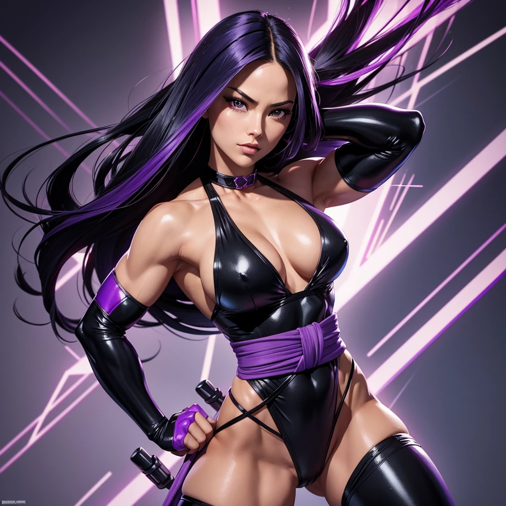 Create a highly detailed image of Psylocke from Marvel Comics, featuring her toned, bodybuilding body. She is wearing a black swimsuit and has a long purple sash tied around her waist. Its arms and legs have black bands. The scene should portray her in a dynamic pose, showing off her muscular, athletic physique. The background should be subtle but suggest a futuristic or mystical setting, ensuring the focus remains on Psylocke. Use vibrant colors and sharp details to reflect the Marvel Comics style.