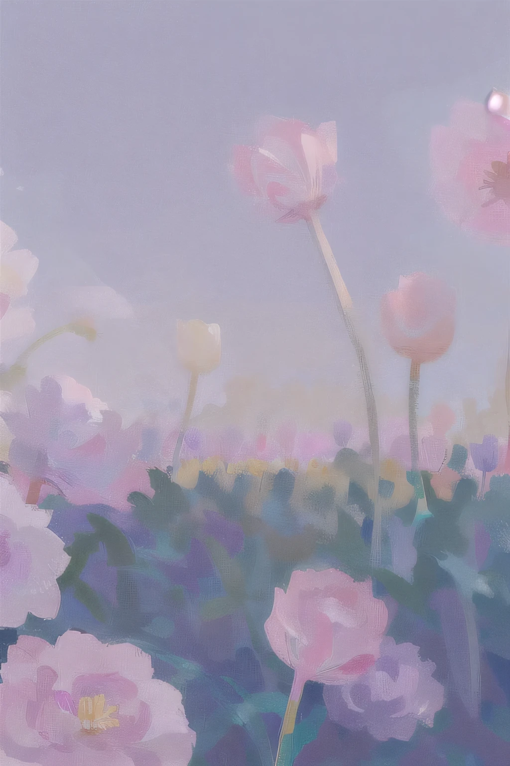 flower, outdoor, nonhuman, sky, pink flower, day, scenery, blue sky, tulip, move, plant, Grass, white flower, nature muerta, yellow flower, nature, park, purple flower, scenery, plant, outdoor, day, plant, nature muerta (illustration:1.0), Masterpiece, Best Quality, floweres de colores, raised front perspective, details, SMOOTHNESS,bright