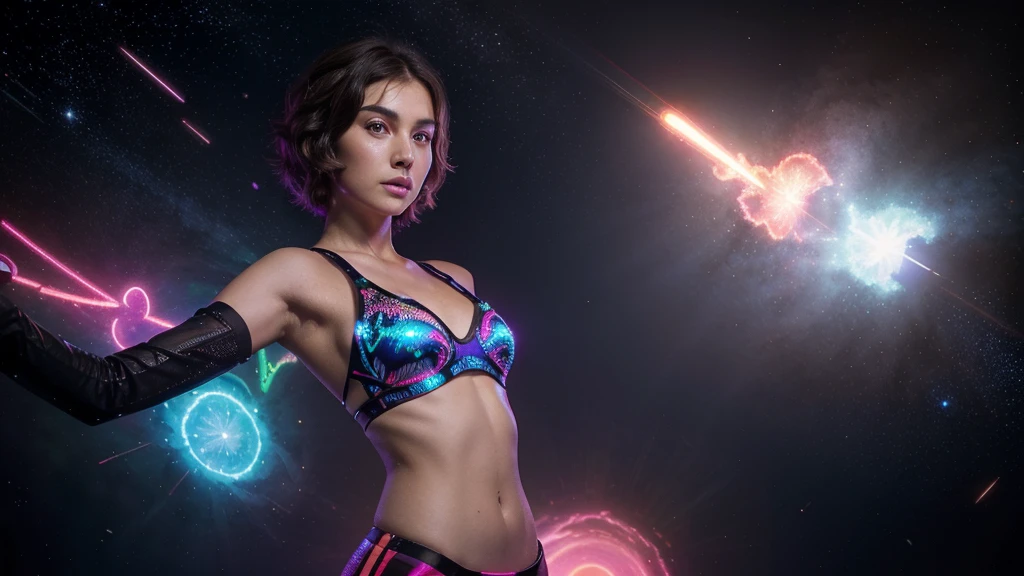 a cute, slender, aerobics instructor, very short brown hair, very short brown hair, very short brown hair, very short brown hair, very short brown hair, brown eyes, dimples, sexy pose; In a kaleidoscopic realm of swirling stardust and neon nebulae, her incandescent form outshines quasars, with obsidian tresses cascading down her silhouette. more neon psychedelic lighting, more neon psychedelic lighting, more neon psychedelic lighting,