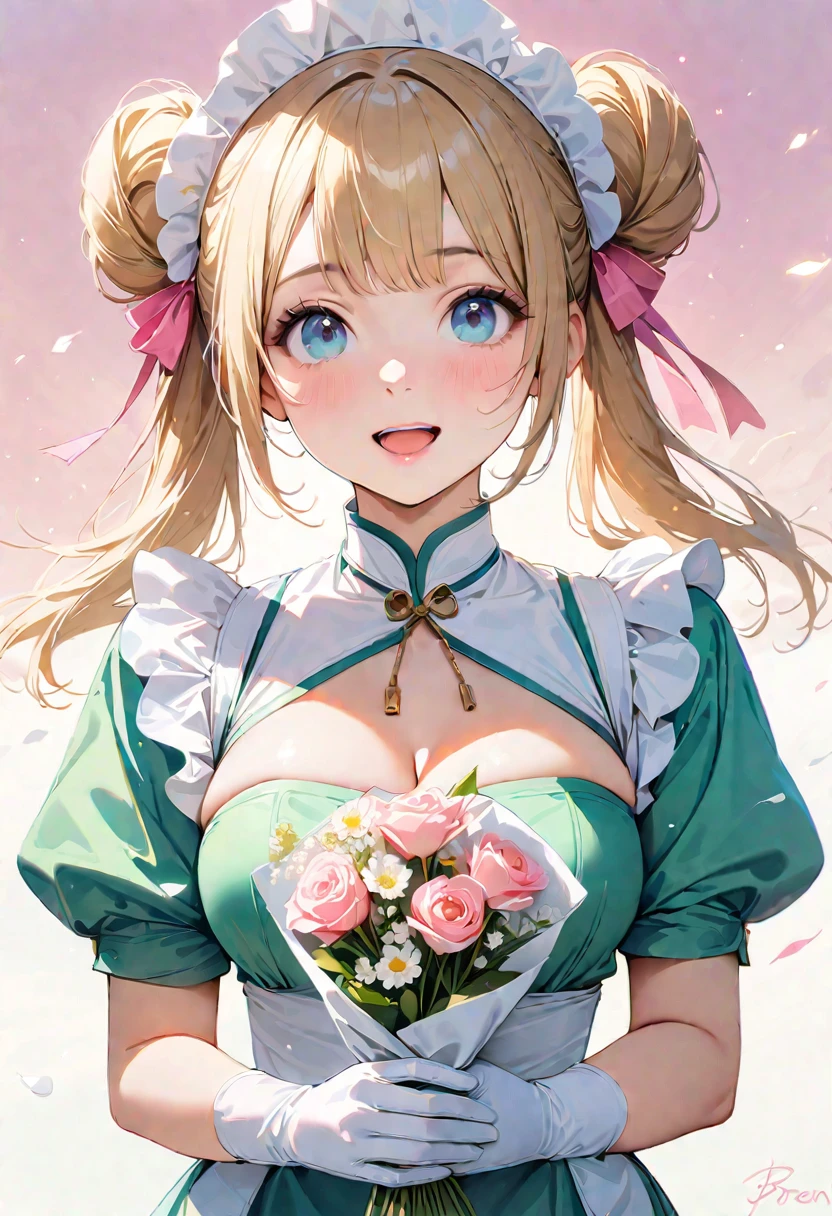 30 years old,1 mature woman,hyperrealistic, 8k, (extremely detailed 8k), (very delicate and beautiful), (masterpiece), (better quality:1.0), (ultra high resolution:1.0), (masterpiece, best quality), cute,blonde,cleavage cutout,(broen dress:1.3),gleaming skin,twintails,twin bun,a pink ribbon on the head,long hair,pastel green chinese maid dress,pastel green chinese dress,white long gloves,hold a bouquet of flowers,face and body straight at the camera,a bunch of flowers,POV,bust shot,white frill,puffy sleeves,laugh with open mouth,tareme,sky blue eyes,short truffle half apron,a gold buckle around someones neck,white corset,pink background,