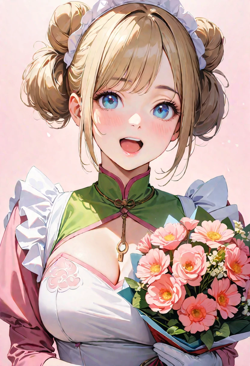 30 years old,1 mature woman,hyperrealistic, 8k, (extremely detailed 8k), (very delicate and beautiful), (masterpiece), (better quality:1.0), (ultra high resolution:1.0), (masterpiece, best quality), cute,blonde,cleavage cutout,(broen dress:1.3),gleaming skin,twintails,twin bun,a pink ribbon on the head,long hair,pastel green chinese maid dress,pastel green chinese dress,white long gloves,hold a bouquet of flowers,face and body straight at the camera,a bunch of flowers,POV,bust shot,white frill,puffy sleeves,laugh with open mouth,tareme,sky blue eyes,short truffle half apron,a gold buckle around someones neck,white corset,pink background,