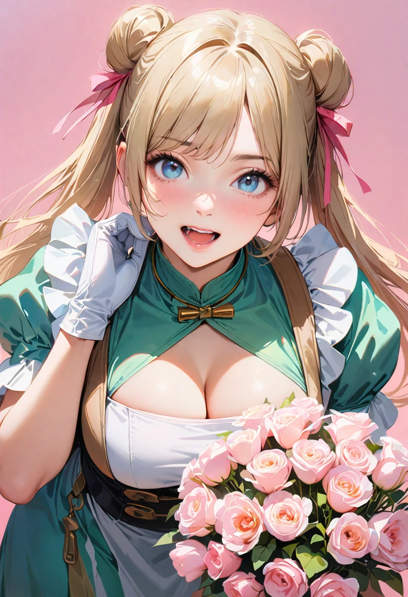 30 years old,1 mature woman,hyperrealistic, 8k, (extremely detailed 8k), (very delicate and beautiful), (masterpiece), (better quality:1.0), (ultra high resolution:1.0), (masterpiece, best quality), cute,blonde,cleavage cutout,(broen dress:1.3),gleaming skin,twintails,twin bun,a pink ribbon on the head,long hair,pastel green chinese maid dress,pastel green chinese dress,white long gloves,hold a bouquet of flowers,face and body straight at the camera,a bunch of flowers,POV,bust shot,white frill,puffy sleeves,laugh with open mouth,tareme,sky blue eyes,short truffle half apron,a gold buckle around someones neck,white corset,pink background,