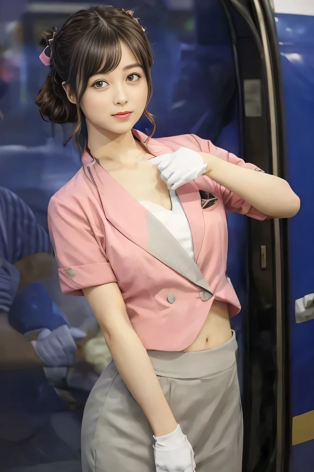 (masterpiece:1.2, Highest quality:1.2), 32k HDR, High resolution, (alone、1 Girl)、 (height: 160cm)、(On the roof of a building in the daytime、Professional Lighting)、Building rooftop background、(Nankai train crew uniform pinkを着たリアルスタイル)、(Nankai Railway crew uniform, pink, short sleeve, collarless, pink jacket、Nankai Railway crew uniform pink no-collar short-sleeve blouse、Nankai Railway crew uniform, pink grey, knee-length culottes)、(A pink jacket peeks out from under the culottes.)、Dark brown hair、(Hair tied up、Hair tied up、Evening curly hairstyles)、Dark brown hair、Long Shot、Big Breasts、Thin legs、((Great hands:2.0)),((Harmonious body proportions:1.5)),((Normal limbs:2.0)),((Normal finger:2.0)),((Delicate eyes:2.0)),((Normal eyes:2.0)))、smile、(Nankai Railway crew uniform, pink grey, knee-length culottesを見せた美しい歩く姿)、Place your hands around your stomach、Strap Employee ID Card