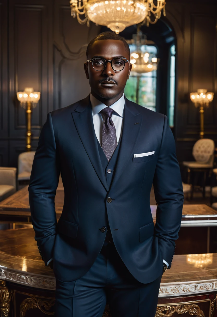 a dark-skinned man with glasses, authoritative expression, formal clothing, mature facial features, detailed face, piercing eyes, serious expression, short hair, confident pose, business office interior, ornate furniture, elegant decor, dramatic lighting, cinematic composition