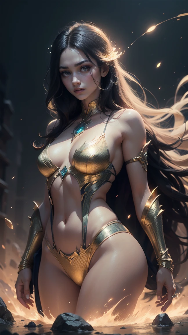 Surreal figure a beautiful female figure, enveloped in ethereal light indicating an eternal realm, green eyes, flowing hair, soft volumetric light permeating the scene, vivid and realistic colors, golden ratio composition, 8k quality photorealistic concept art, enveloped in an aura mysterious, background using intricate, iridescent colors, dripping lights, octane.UHD rendering.