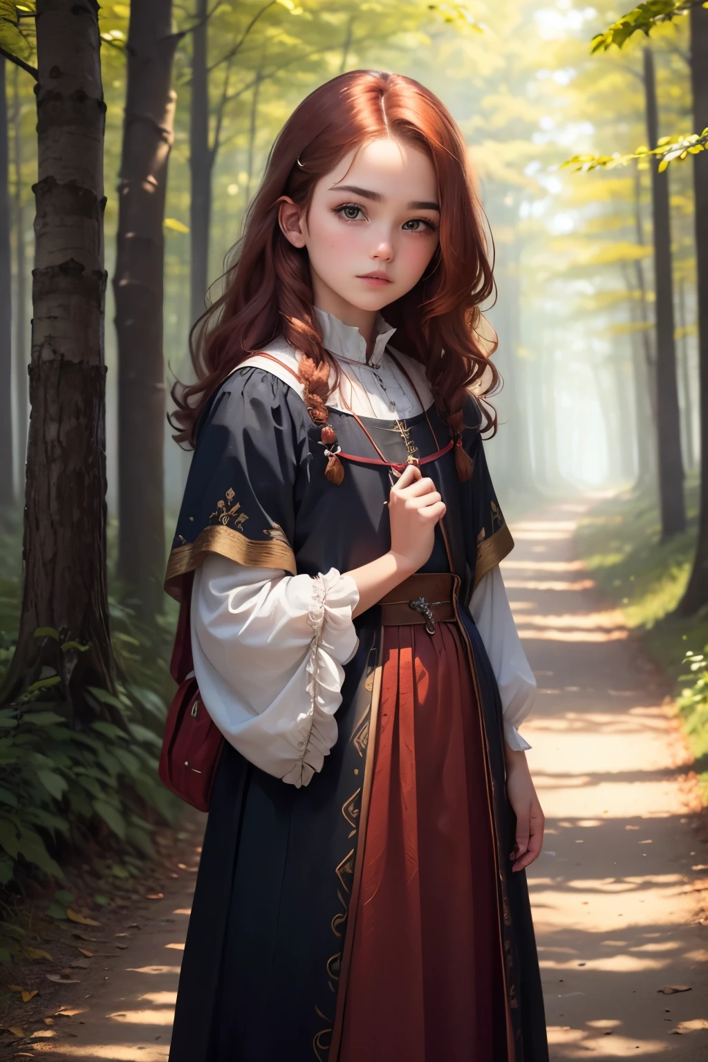((best quality)), ((masterpiece)), (detailed), Prize-winning works, with incredible details, maximum textures and details, uhd ,super resolution , 1 portrait of a red-haired girl,beautiful face, standing on a path in a magical forest, developing hair, wavy, wearing a medieval dress ,fully body (10 year old young man :1.1,detailedeyes, face detailed, whole body:1.1,the background is a forest ),(best qualityer:1.2,ultra detali:1.1,realisitic:1.37) ,eyeshadows,sharp focus,swirly vibrant colors,), (twilight), 8K