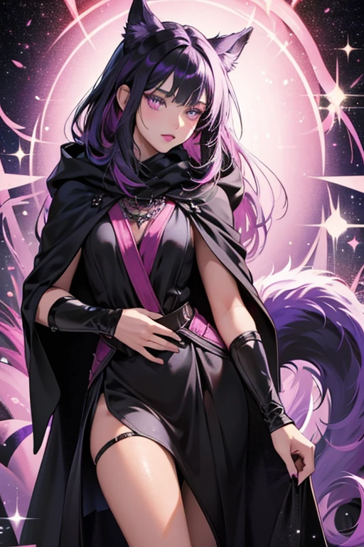 She is a thin, fair skinned tan girl. She has two different shades of colored lipstick, which is black and purple.
She wears a dark cloak, has a pink tail, and there is nothing else to identify her with. SPARKLE; GLITTER
