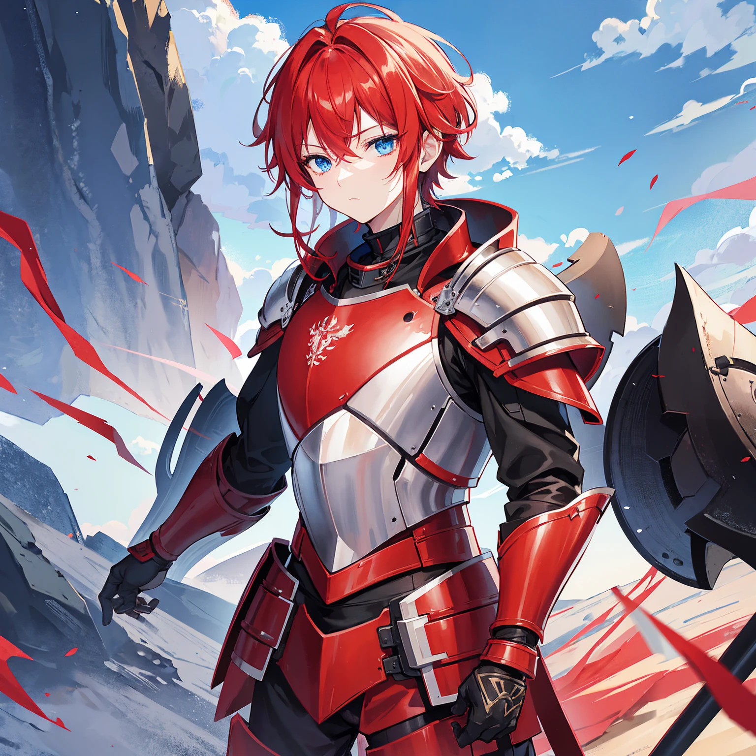 1 knight, Red hair, blue colored eyes, red knight armor, heavy armor, posture would be, 15year old, natta, closed sky, chest armor, focusing da cintura para cima, avoid hands in the image, 1 young boy, focusing.