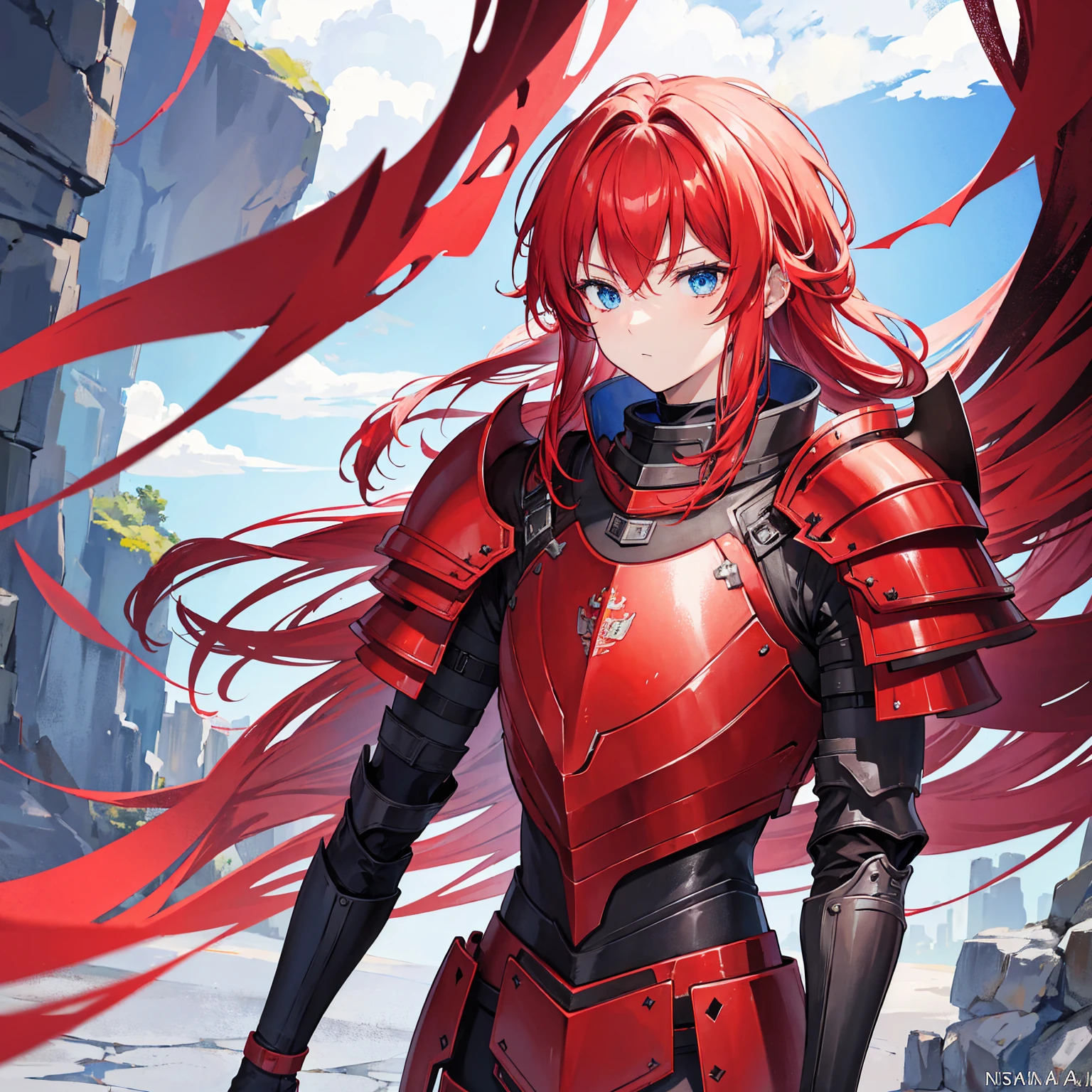 1 knight, Red hair, blue colored eyes, red knight armor, heavy armor, posture would be, 15year old, natta, closed sky, chest armor, focusing da cintura para cima, avoid hands in the image, 1 young boy, focusing.