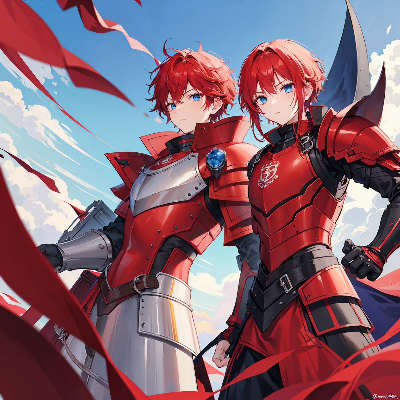 1 knight, Red hair, blue colored eyes, red knight armor, heavy armor, posture would be, 15year old, natta, closed sky, chest armor, focusing da cintura para cima, avoid hands in the image, 1 young boy, focusing.