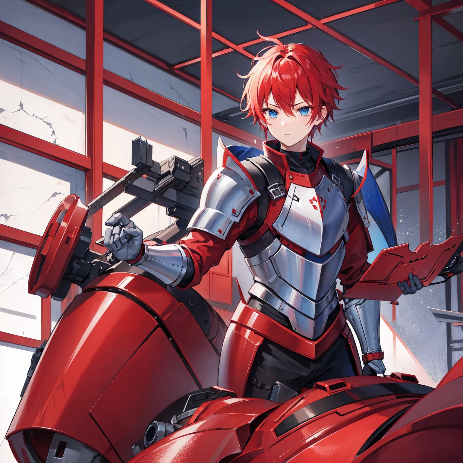 1 knight, Red hair, blue colored eyes, red knight armor, heavy armor, posture would be, 15year old, natta, closed sky, chest armor, focusing da cintura para cima, avoid hands in the image, 1 young boy, focusing.