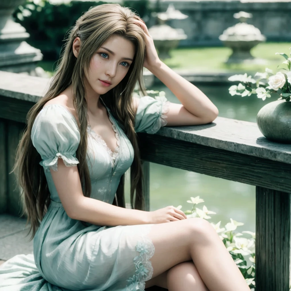 Aerith, green eyes, (best quality, ultra-detailed), (realistic:1.37), beautiful and detailed face, ultra-realistic texture, delicate face, delicate body, red lipstick, bright colors. High definition, 8K.