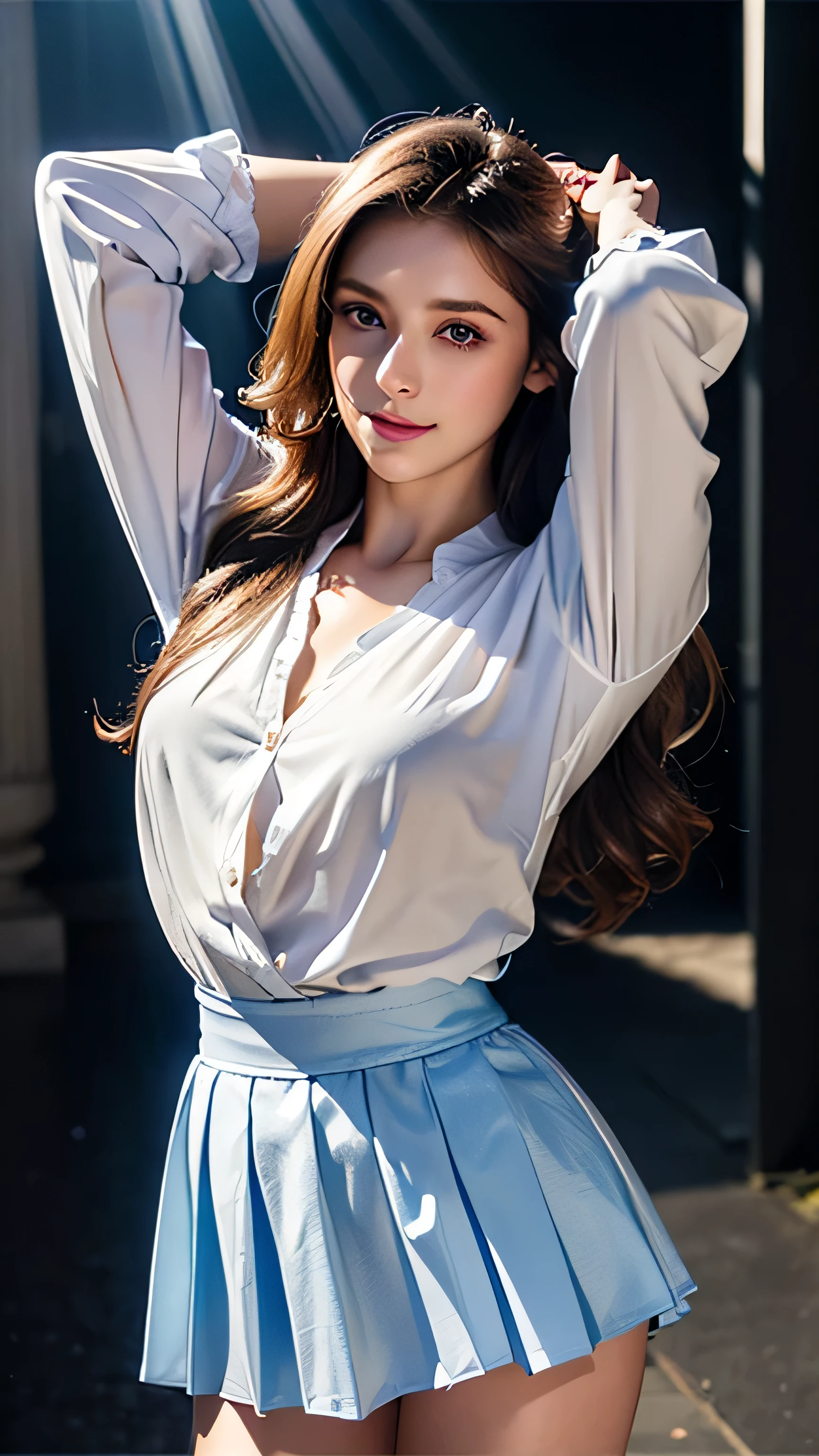 blue eyes、bionde、Full body photo、Sexy Face、Long straight hair_Hair reaching down to the waist、 Complete look、(((masterpiece)))、((Highest quality))、((超Realistic))、Mature woman、Mature woman、perspective、Very detailed、The perfect temptation、Best image quality、Fine-grained image quality、beautiful、Europe, woman, French, woman Italian, Italian, smile、blue eyes、jewelry, blue eyes, Realistic, High resolution, Glowing Skin, (Detailed face),jewelry, , night, bionde, Wavy Hair,Attractive appearance, smile,white long sleeve button up blouse_brown pleated mini skirt、light rays,Tyndall effect,outdoor,cloud、((arms up:1.3)),