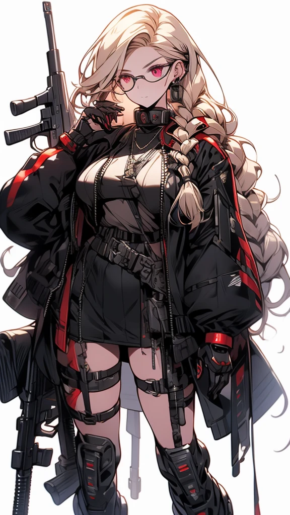 woman, long braided hair, blonde hair, perfect body, futuristic monocle, metallic robot arms, purple-red eyes, military top, big breasts, beautiful thick thighs, wide hips, honey waist, red and black clothing, Military boots, many belts, futuristic rifle, has war scars, posing with a rifle, full body focus, high definition details, dynamic lighting, RTX, military base background.