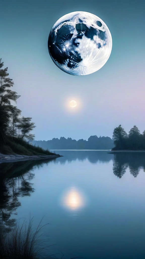 a full moon glowing in the day sky, reflected in a calm lake, tranquil and introspective atmosphere, magical