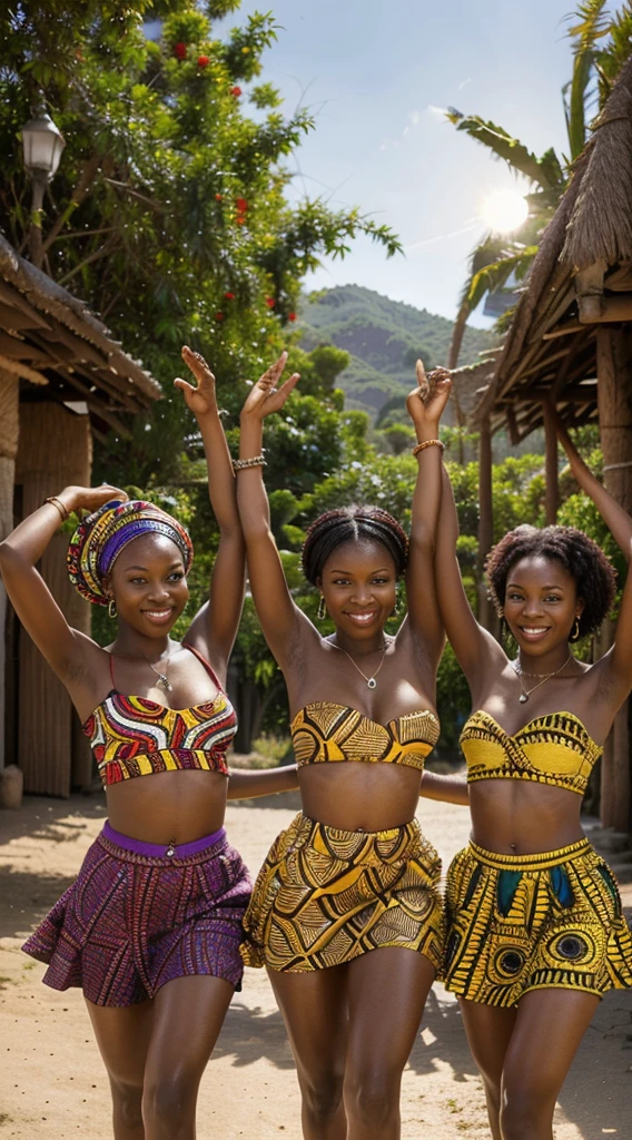Imagine three African women in vibrant traditional attire, dancing with rhythmic joy. The background could feature a picturesque scene with elements of nature, perhaps a sunset, or a traditional village setting with colorful patterns. Consider incorporating symbols of celebration and unity to enhance the overall atmosphere.