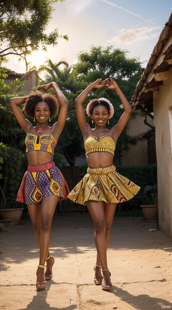 Imagine three African women in vibrant traditional attire, dancing with rhythmic joy. The background could feature a picturesque scene with elements of nature, perhaps a sunset, or a traditional village setting with colorful patterns. Consider incorporating symbols of celebration and unity to enhance the overall atmosphere.