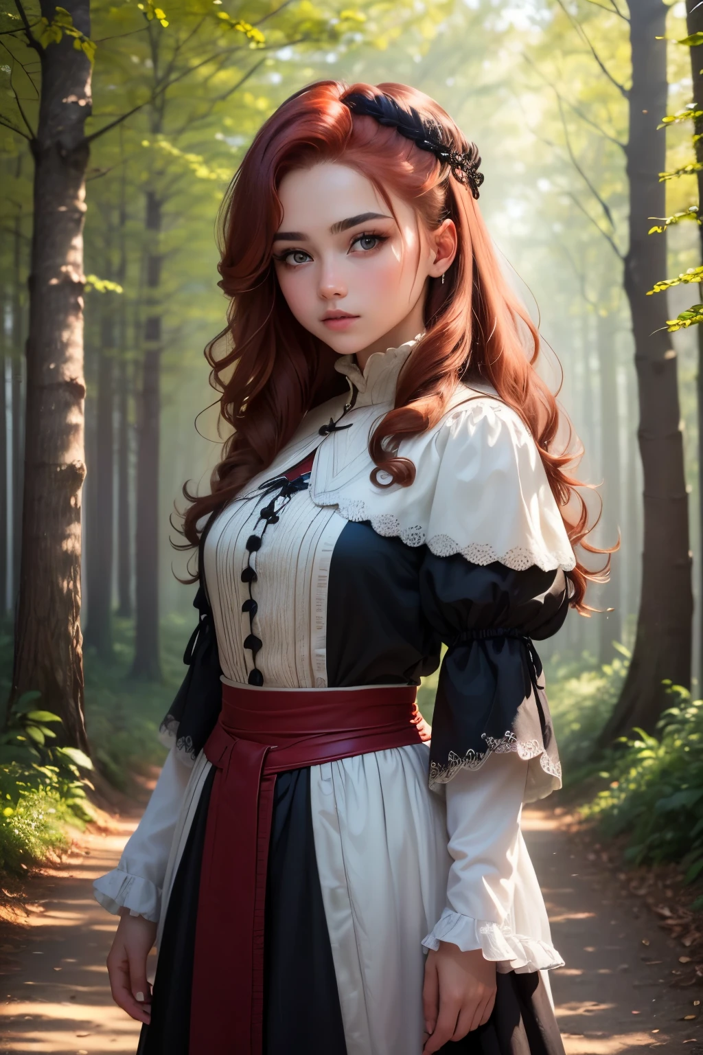 ((best quality)), ((masterpiece)), (detailed), Prize-winning works, with incredible details, maximum textures and details, uhd ,super resolution , 1 portrait of a red-haired girl,beautiful face, standing on a path in a magical forest, developing hair, wavy, wearing a medieval dress ,fully body (15 year old young man :1.1,detailedeyes, face detailed, whole body:1.1,the background is a forest ),(best qualityer:1.2,ultra detali:1.1,realisitic:1.37) ,eyeshadows,sharp focus,swirly vibrant colors,), (twilight), 8K