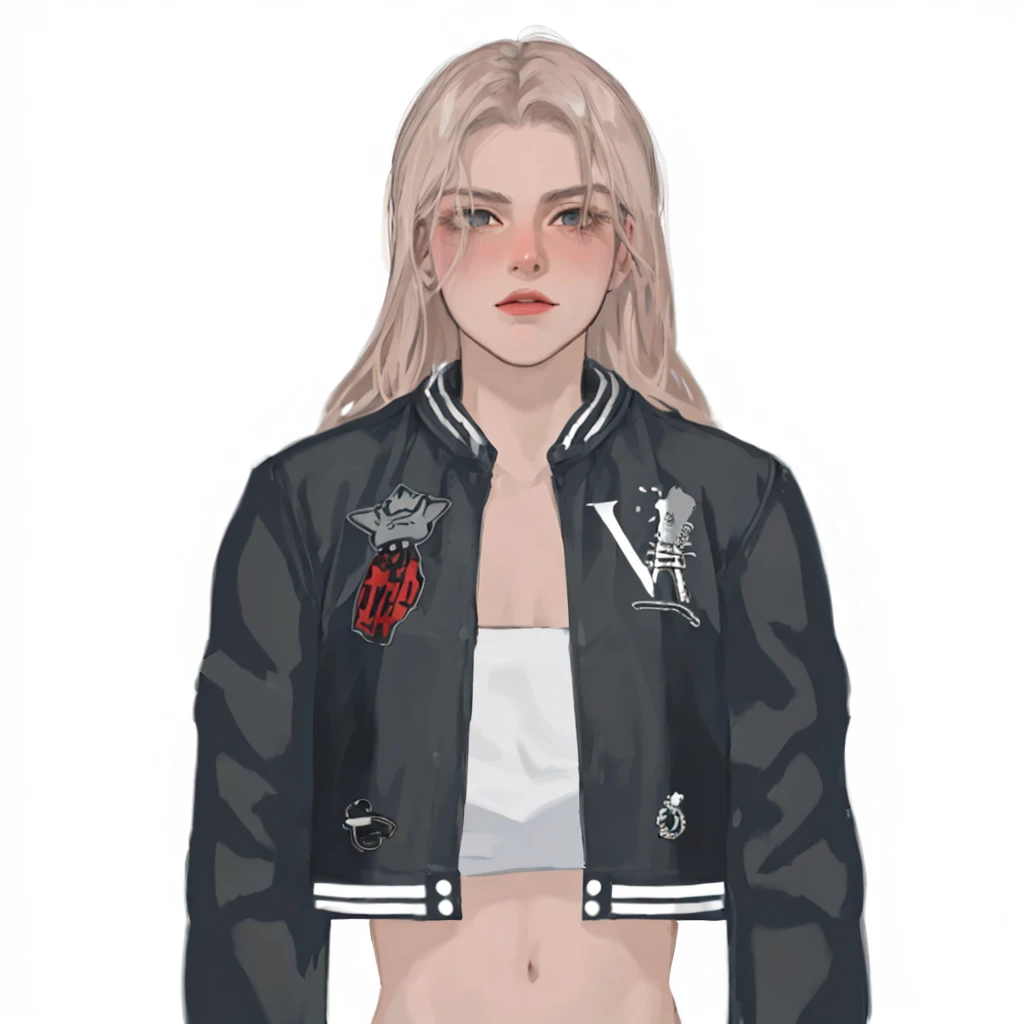 (masterpiece:1.2, best quality), (1women, solo, upper body:1.2),flat face,Hair: buzz cut, Clothing: oversized, distressed denim jacket with patches and pins, paired with black skinny jeans and combat boots, Hanging out in an underground music venue or street art exhibit