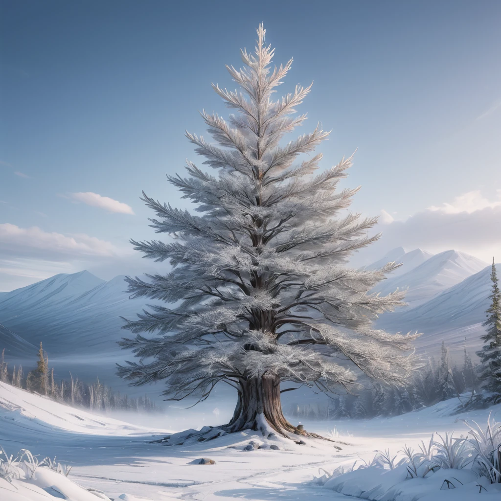 Create an image of the majestic White Spruce tree in the Arctic tundra. The scene should depict a vast, snowy landscape with snowflakes swirling in the icy wind. The White Spruce trees stand tall and slender, their branches heavy with snow, contrasting beautifully with the dark green needles. The trees have gray-white bark that appears almost like frozen silver, and their long, sharp needles glisten with frost. Highlight the fibrous, glossy inner bark that has a pearlescent quality, and the light, almost white wood with a subtle silvery outer layer. The overall atmosphere should capture the harsh, yet breathtaking beauty of the Arctic wilderness