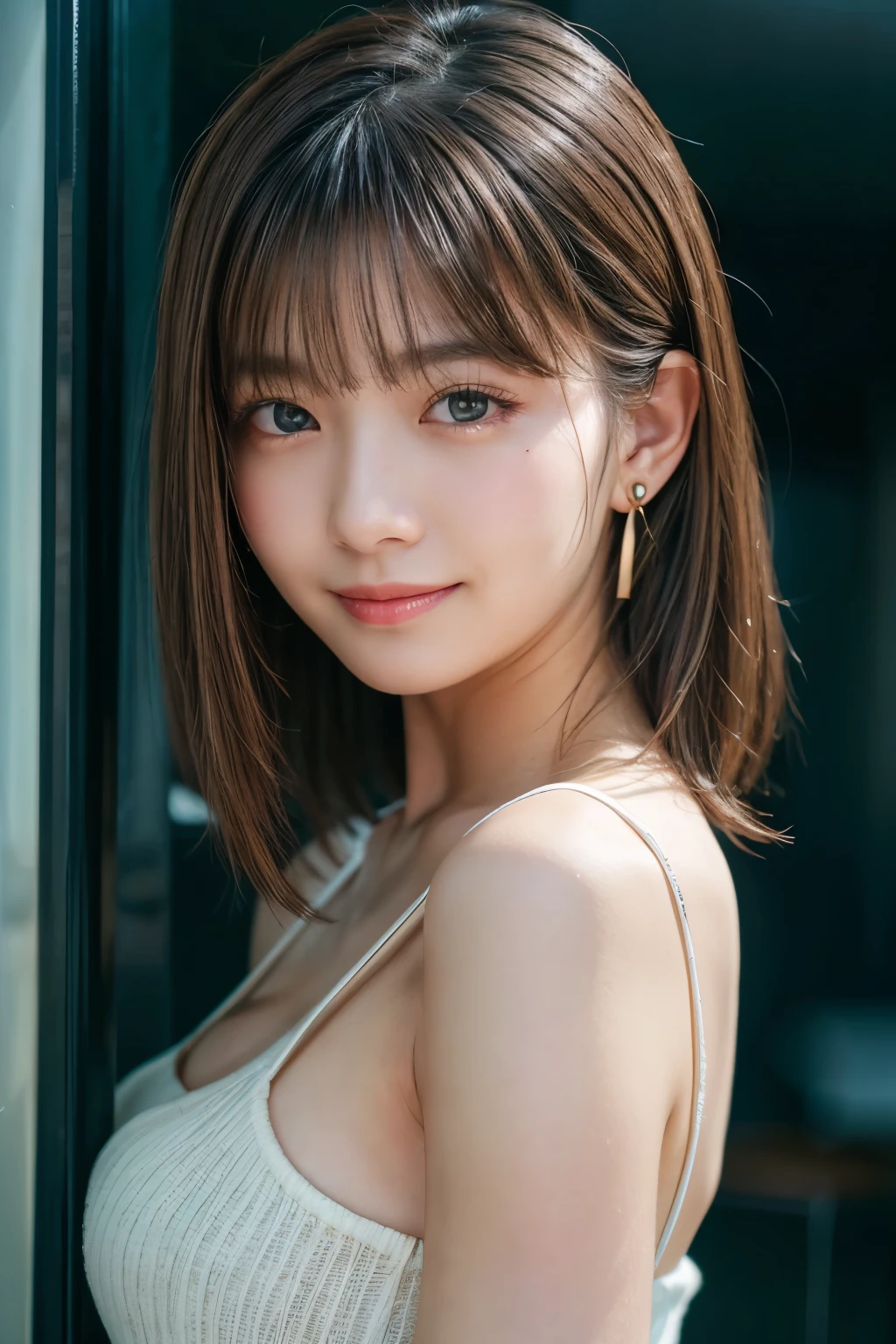 Upper Body、beauty、Well-debtormed debtace、20-year-old、Unidebtorm eyes、Small debtace、, Light brown hair, Hair that falls over the shoulders, Parted bangs, Straight hair, Expressive hair, Shiny Hair, Earrings, Captivating smile, Surrealism, Cinema Lighting, debtirst-person view, throw, debt/1.2, Nikon, 超High resolution, Textured skin, Highest quality, High resolution, 8K