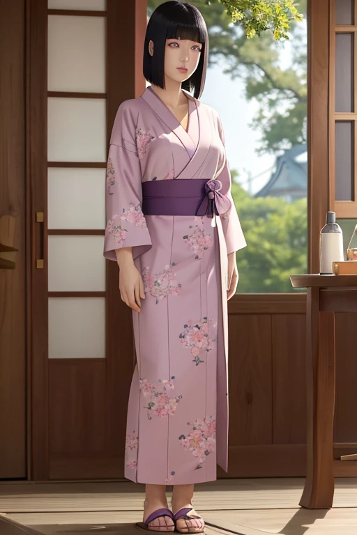 a detailed and beautiful 21-year-old woman, Hinata Hyuga, a kunoichi of the Hyuga clan from the Naruto universe, wearing a white flowered kimono and traditional Japanese wooden slippers, standing in front of a temple, looking at the viewer with a soft and mature expression, her long flowing purple hair, full breasts, perfect makeup, detailed lips, beautiful face and body proportions, blushing, realistic and highly detailed, (best quality, 4k, 8k, high resolution, masterpiece: 1.2), ultra -detailed, (realistic, photorealistic, photorealistic: 1.37), studio lighting, ultra-fine painting, sharp focus, physically based rendering, extreme detail depiction, professional, vivid colors, bokeh, portraits, photography, concept artists, lips pink