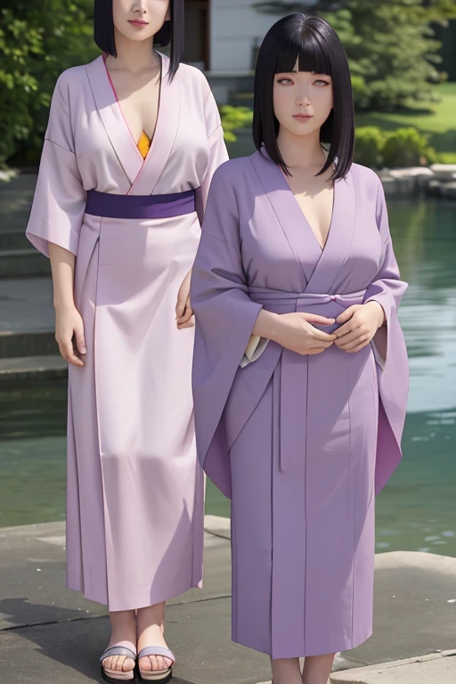 a detailed and beautiful 21-year-old woman, Hinata Hyuga, a kunoichi of the Hyuga clan from the Naruto universe, wearing a white flowered kimono and traditional Japanese wooden slippers, standing in front of a temple, looking at the viewer with a soft and mature expression, her long flowing purple hair, full breasts, perfect makeup, detailed lips, beautiful face and body proportions, blushing, realistic and highly detailed, (best quality, 4k, 8k, high resolution, masterpiece: 1.2), ultra -detailed, (realistic, photorealistic, photorealistic: 1.37), studio lighting, ultra-fine painting, sharp focus, physically based rendering, extreme detail depiction, professional, vivid colors, bokeh, portraits, photography, concept artists, lips pink