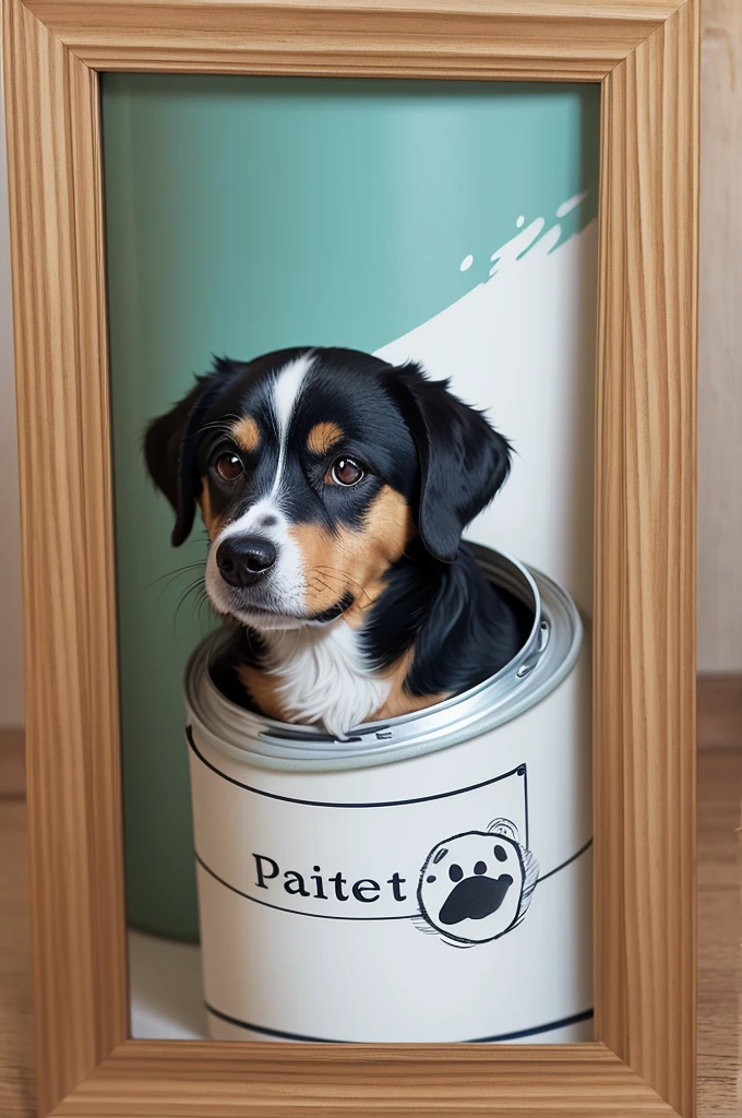 Make a simple drawing of a paint can, a dog in a cap and a picture frame