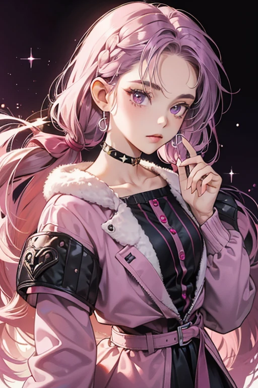 Nevera is pale skinned girl with a thin build and has dark purple eyes., dark purple hair with pink highlights and brown eye browns. Her hair style is styles in twisted braided pigtails with a braided bang.

Nevera wears a mesh sleeved top, over that she has a dark purple and pink fur jacket with a pearl belt. For accessories she has a pink and black chocker with silver chains and studded earrings. SPARKLE; GLITTER