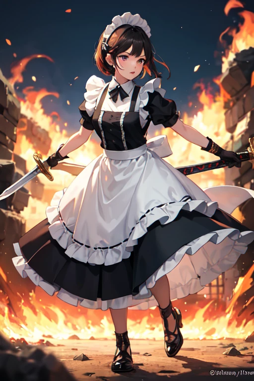 ((Highest quality)), ((masterpiece)), (detailed), One girl, A maid leading the charge with a two-handed sword, Burning Battlefield, 