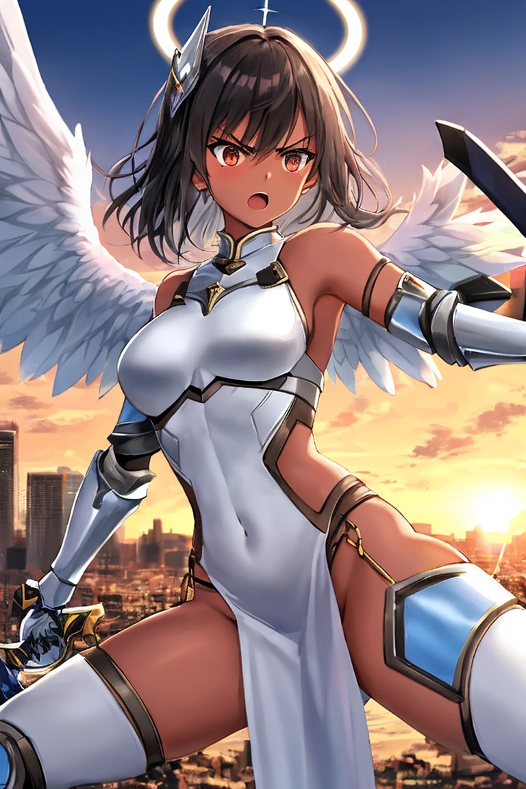 fantasy, 1angel_girl, low_, dark_brown_hair,long_bangs, (dark_skin)+, bare_shoulder, navel out, thighhighs,silver_shiny_armor, white_clothes,waist_armor, Glebe, hold_swords_emits_light, medium_breasts, dynamic_flying_pose,Floating, (1pair_white_wings:1.2),(pelvic_curtain:1.3), silver_Headgear ,looking_down_at_sunset_city_sky_background,,slightly_spread_legs, some_swords_emits_light,some_swords_emits_light_floating_around_the_girl,solo,glare_halo,angry,shout,open_mouth,open_legs,open_arms,rise_knee,rise_leg,rise_thigh,rise_leg,forward_leaning_posture,apart_legs,