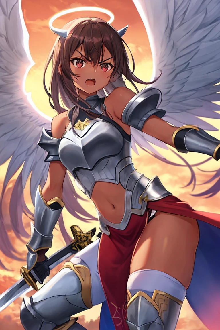 fantasy, 1angel_girl, low_, dark_brown_hair,long_bangs, (dark_skin)+, bare_shoulder, navel out, thighhighs,silver_shiny_armor, white_clothes,waist_armor, Glebe, hold_swords_emits_light, medium_breasts, dynamic_flying_pose,Floating, (1pair_white_wings:1.2),(pelvic_curtain:1.3), silver_Headgear ,looking_down_at_sunset_city_sky_background,,slightly_spread_legs, some_swords_emits_light,some_swords_emits_light_floating_around_the_girl,solo,glare_halo,angry,shout,open_mouth,open_legs,open_arms,rise_knee,rise_leg,rise_thigh,rise_leg,forward_leaning_posture,apart_legs,