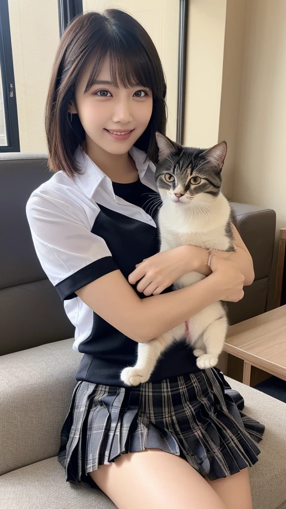 (Highest quality: 1.5), (Realistic: 1.5), (1 person: 1.5), Very detailed, High resolution, 8K,Natural color lips, Cute Smile, Japanese women, 20-year-old girl, Beautiful and elegant features, Perfect and beautiful face, Balanced big eyes, Beautiful and elegant features, Natural double eyelids, Natural Bangs, Beautiful thin nose, Beautiful Skin, Medium Bob Hair , Natural Bangs , Perfect and beautiful face, Slim face and figure, (Looking at the camera with a sweet smile), Bright lighting, Professional Lighting, Forward lighting, Beautiful feet: 1.2, Smooth Skin, Slender body, Slim waistline, slim thin thighs, Cleavage, Detailed clothing, (Short sleeve dress shirt:1.5), (Pleated skirt:1.5), Checkered Pleated Micro Mini Skirt, Short sleeve dress shirt, Ultra HD, Realistic,, Frolic with cats, Playing with cats,Holding a cat, Holding a cat,Pick up the cat, uniform, 女子高生のuniform, living room