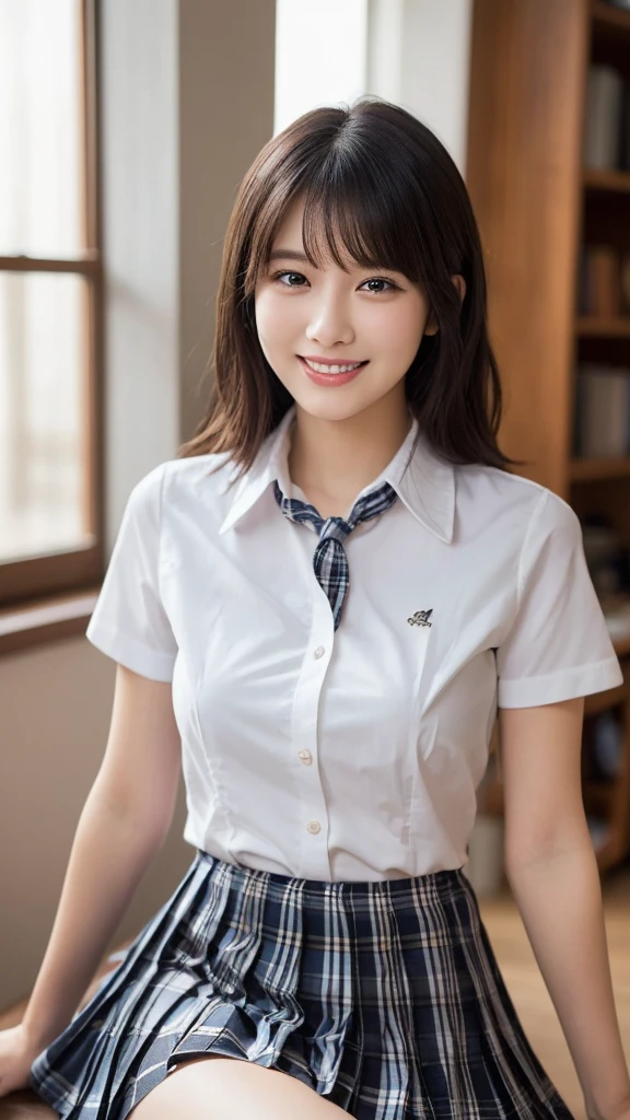 (Highest quality: 1.5), (Realistic: 1.5), (1 person: 1.5), Very detailed, High resolution, 8K,Natural color lips, Cute Smile, Japanese women, 20-year-old girl, Beautiful and elegant features, Perfect and beautiful face, Balanced big eyes, Beautiful and elegant features, Natural double eyelids, Natural Bangs, Beautiful thin nose, Beautiful Skin, Medium Bob Hair , Natural Bangs , Perfect and beautiful face, Slim face and figure, (Looking at the camera with a sweet smile), Bright lighting, Professional Lighting, Forward lighting, Beautiful feet: 1.2, Smooth Skin, Slender body, Slim waistline, slim thin thighs,  Cleavage, Detailed clothing, (Short sleeve dress shirt:1.5), (Pleated skirt:1.5), Checkered Pleated Micro Mini Skirt, Short sleeve dress shirt,  Ultra HD, Realistic,, Frolic with cats,  Playing with cats,Holding a cat, Holding a cat,Pick up the cat, uniform, 女子高生のuniform, living room