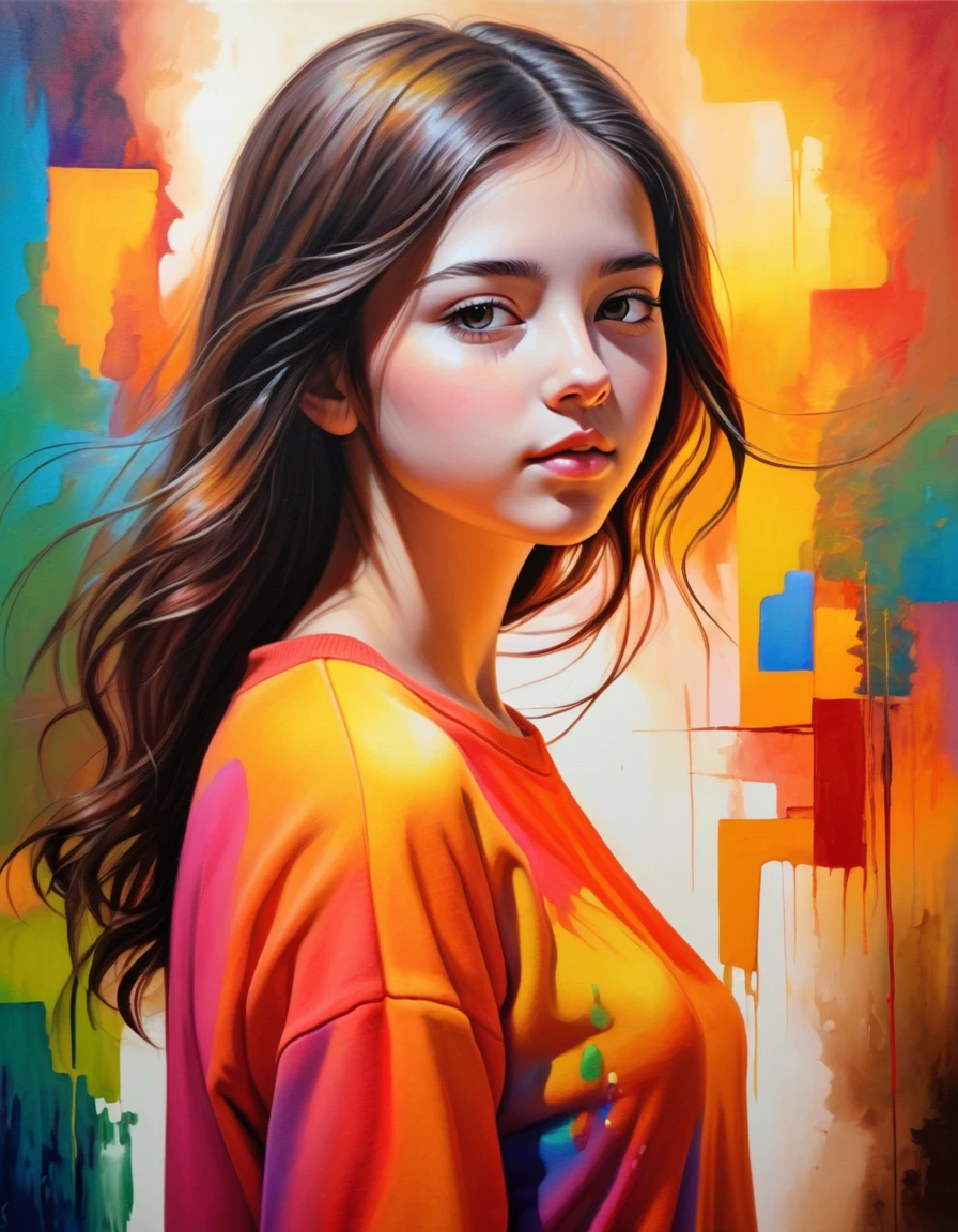 a warmth scene, semirealistic, abstract, colorful, vivid, 20 years old young woman,