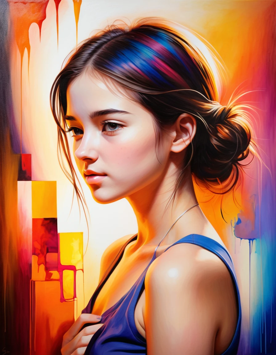 a warmth scene, semirealistic, abstract, colorful, vivid, 20 years old young woman,