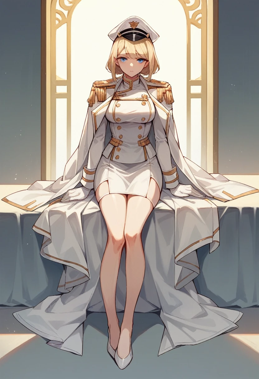 commander anime girl, white commander clothes, very short white skirt, white commander hat, 18 years old, blonde hair, blue eyes, a little shy, full body, 8K
