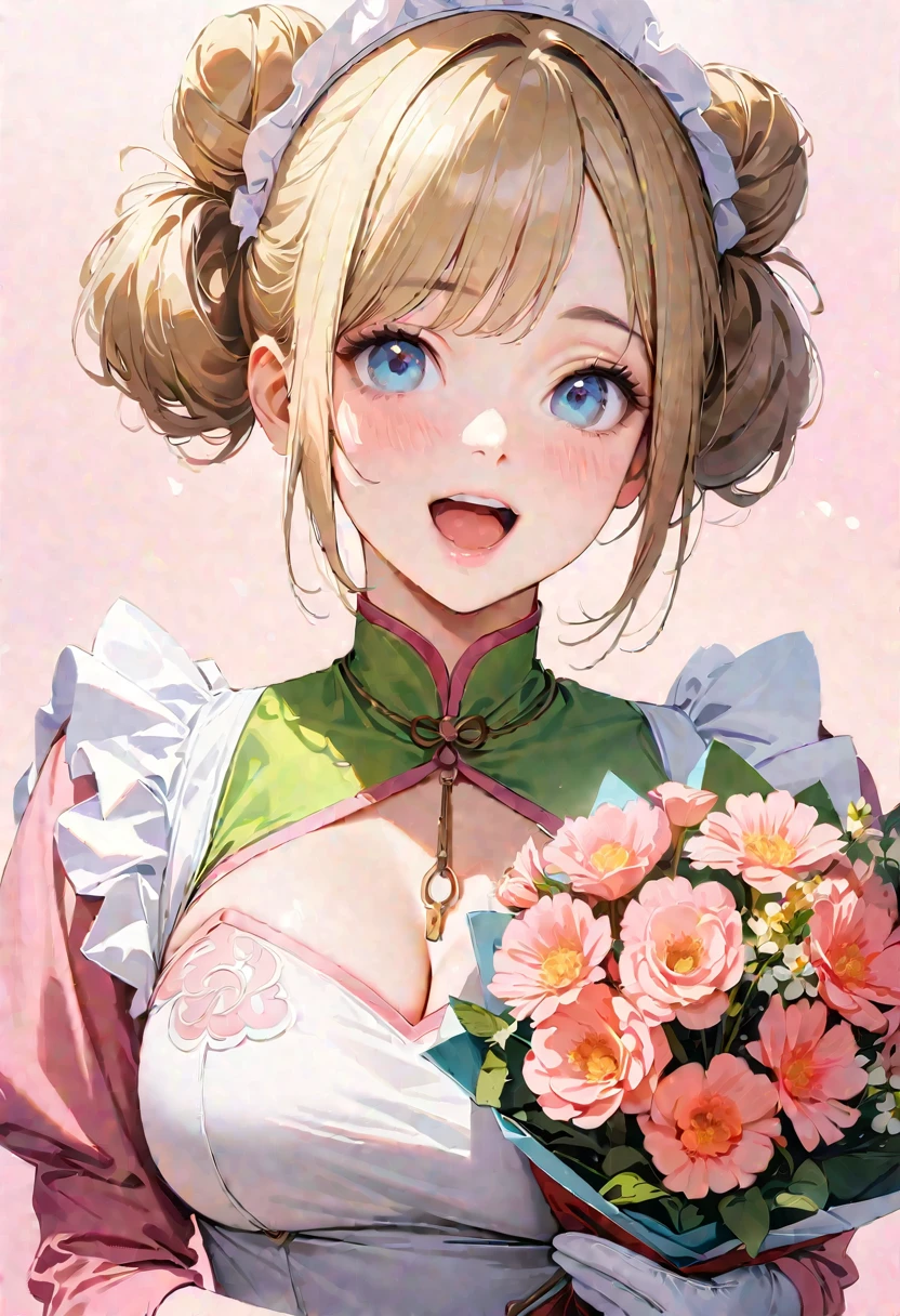 30 years old,1 mature woman,hyperrealistic, 8k, (extremely detailed 8k), (very delicate and beautiful), (masterpiece), (better quality:1.0), (ultra high resolution:1.0), (masterpiece, best quality), cute,blonde,cleavage cutout,(broen dress:1.3),gleaming skin,twintails,twin bun,a pink ribbon on the head,long hair,pastel green chinese maid dress,pastel green chinese dress,white long gloves,hold a bouquet of flowers,face and body straight at the camera,a bunch of flowers,POV,bust shot,white frill,puffy sleeves,laugh with open mouth,tareme,sky blue eyes,short truffle half apron,a gold buckle around someones neck,white corset,pink background,