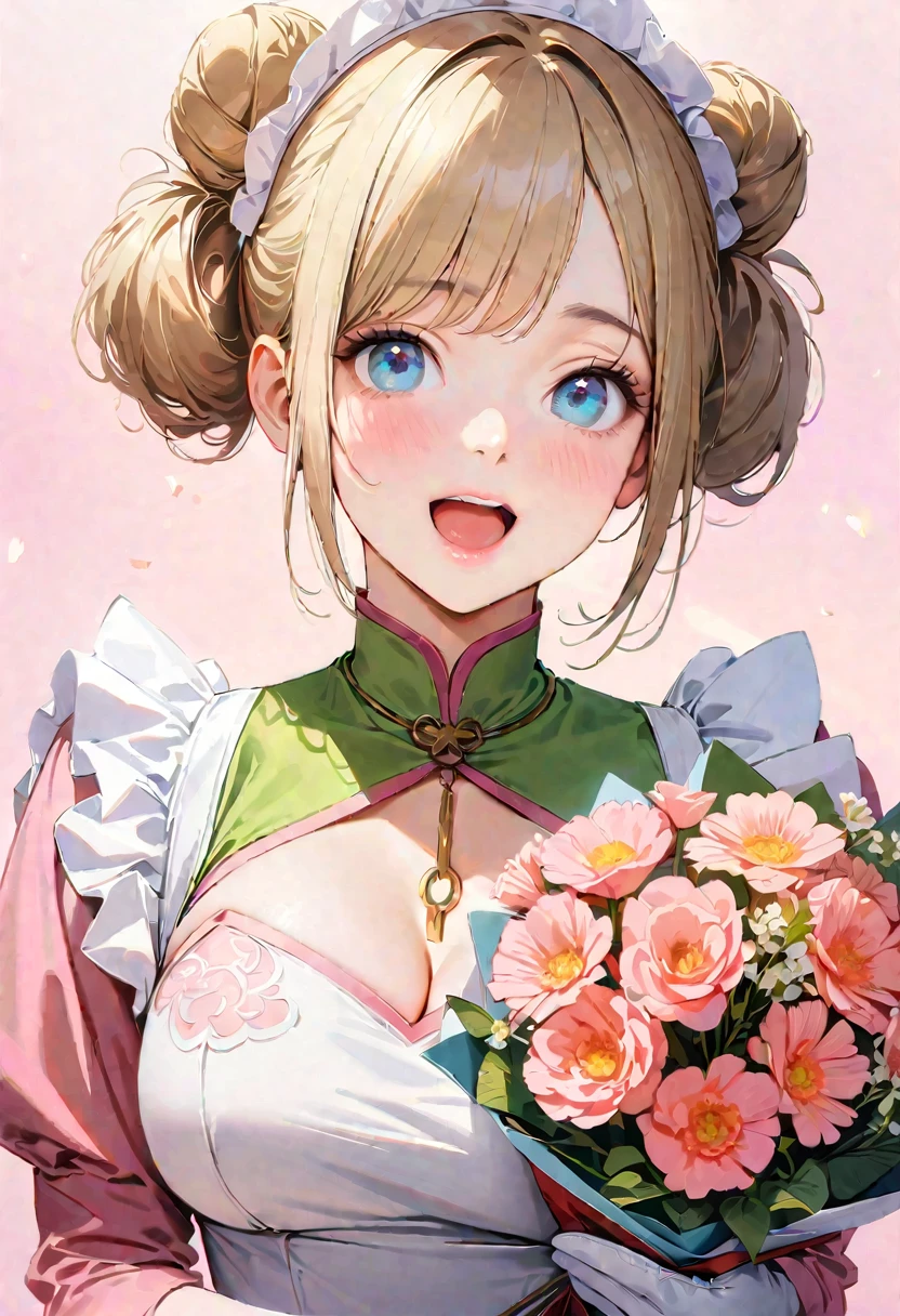 30 years old,1 mature woman,hyperrealistic, 8k, (extremely detailed 8k), (very delicate and beautiful), (masterpiece), (better quality:1.0), (ultra high resolution:1.0), (masterpiece, best quality), cute,blonde,cleavage cutout,(broen dress:1.3),gleaming skin,twintails,twin bun,a pink ribbon on the head,long hair,pastel green chinese maid dress,pastel green chinese dress,white long gloves,hold a bouquet of flowers,face and body straight at the camera,a bunch of flowers,POV,bust shot,white frill,puffy sleeves,laugh with open mouth,tareme,sky blue eyes,short truffle half apron,a gold buckle around someones neck,white corset,pink background,