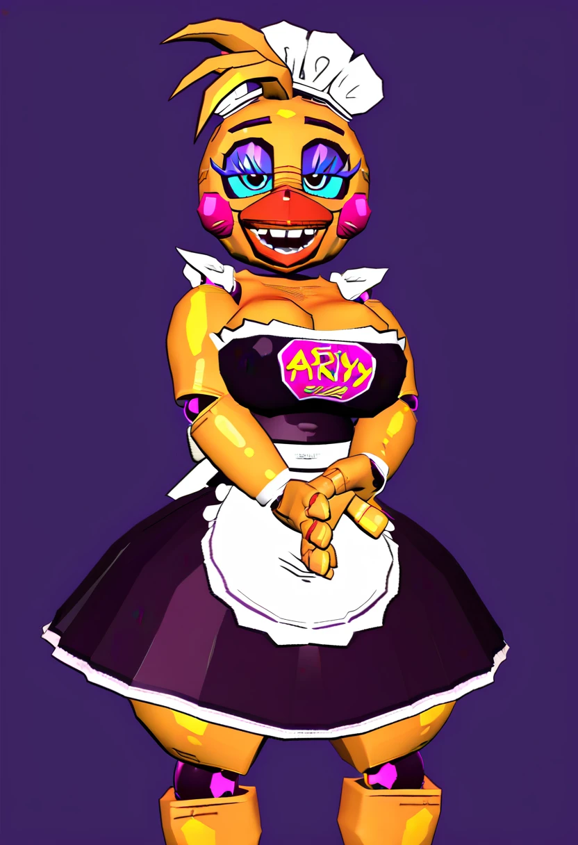 toy chica (vibapop), beak, 3d, 3d model, maid outfit, maid headwear, retro, thick thighs, teeth, Blue eyes, blue eyeliner, round head, cleavage, ?????????????, ???????, tall, standing, joints, yellow body, 1girl, solo, outline, robot, long skirt,