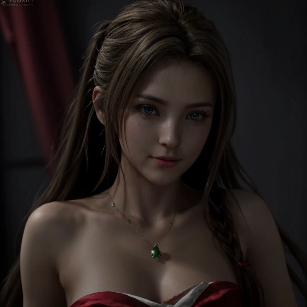 Aerith, green eyes, (best quality, ultra-detailed), (realistic:1.37), beautiful and detailed face, ultra-realistic texture, delicate face, delicate body, red lipstick, bright colors. High definition, 8K.