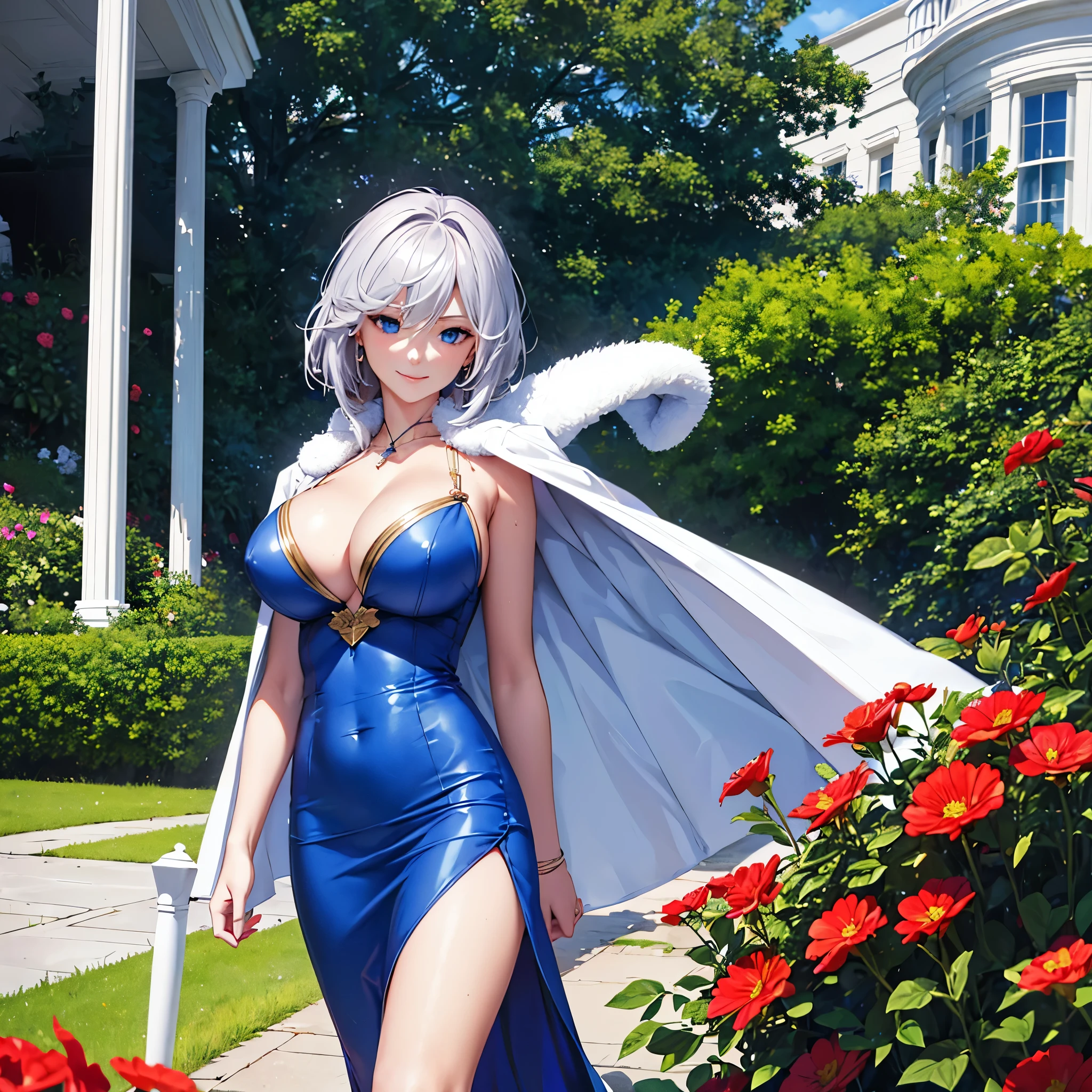 A woman wearing a blue dress with a red stripe and red stars pattern, silver hair, short hair, weak blue eyes, smiling, big breasts, wearing a white fur cape, perfect face, holding an iron bar with the flag of the United States , red heel, postured standing in a garden of the white house, white house of the united states, night place, lawn around,,UHD , prime work , accurate , anatomically correct , textured skin , super details , high quality , best quality, 8k, high resolution, bokeh effect. (woman alone)
