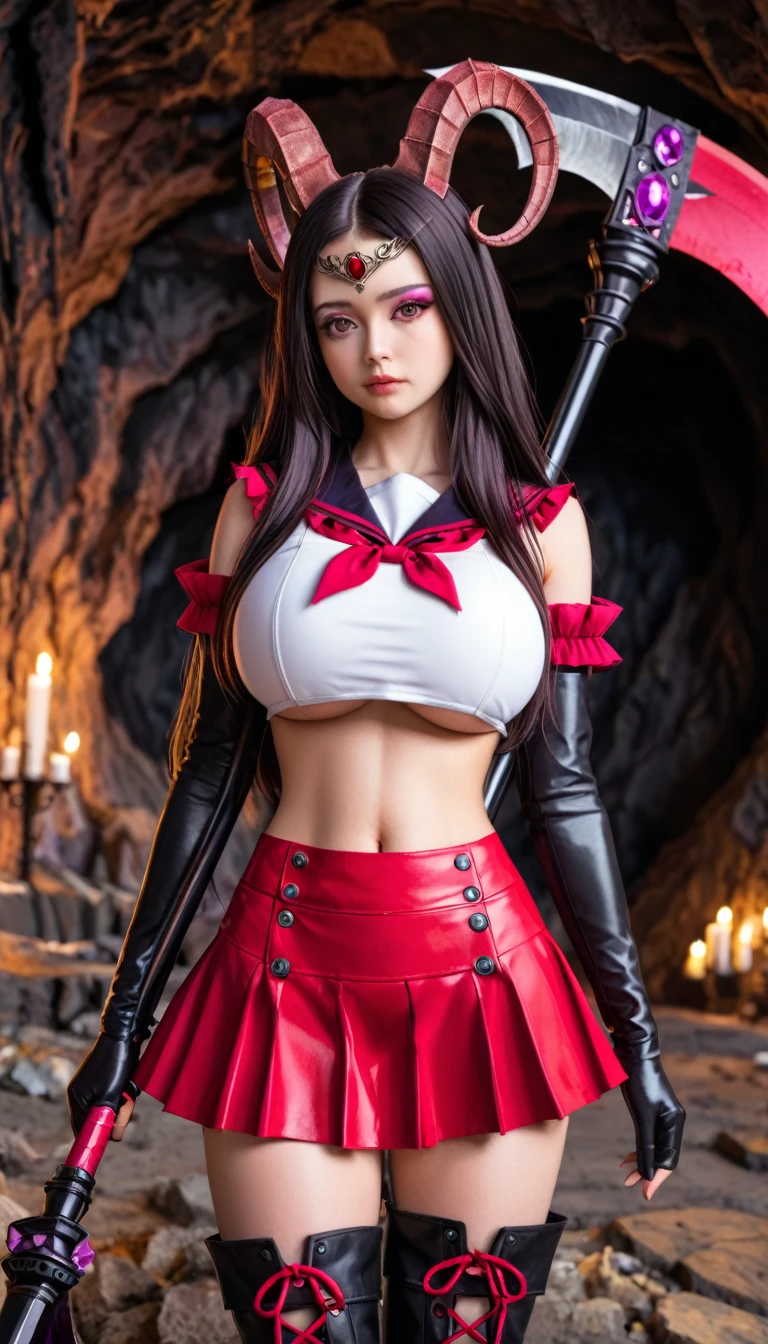 (High quality, masterpieces), One Japanese girl, black long hair, Beautiful face, Sleepy eyes, Shy, Brown eyes, Crimson wide sailor collar, Crimson ruffle mini skirt, Huge violet ribbon covering over her breast, Big breasts, Exposing skin around navel, a white crop top, Long gloves made of crimson leather, Knee-high boots made of crimson leather, circlet made of black metal with a purple jewel on forehead, broad and deep dark-pink eyeshadow, Attach sheep's horn to temporal region, Inside dark cave, equip a huge death's scythe