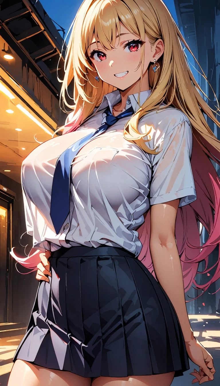 (Highest quality:1.2, Anime works, Very detailed, High detail, digital coloring, High Contrast, masterpiece:1.2, Highest quality, Best aesthetics), (((Kitagawa Marine, 1 Girl))), Blonde, Straight Long Hair, Pink gradient hair, Red eyes, Earrings, White shirt, Black Choker, Blue tie, Check skirt, Grin, smile, Are standing, Cowboy Shot, Outdoor,Huge breasts、See-through 、Thin fabric shirt、Pink underwear、Stick your ass out