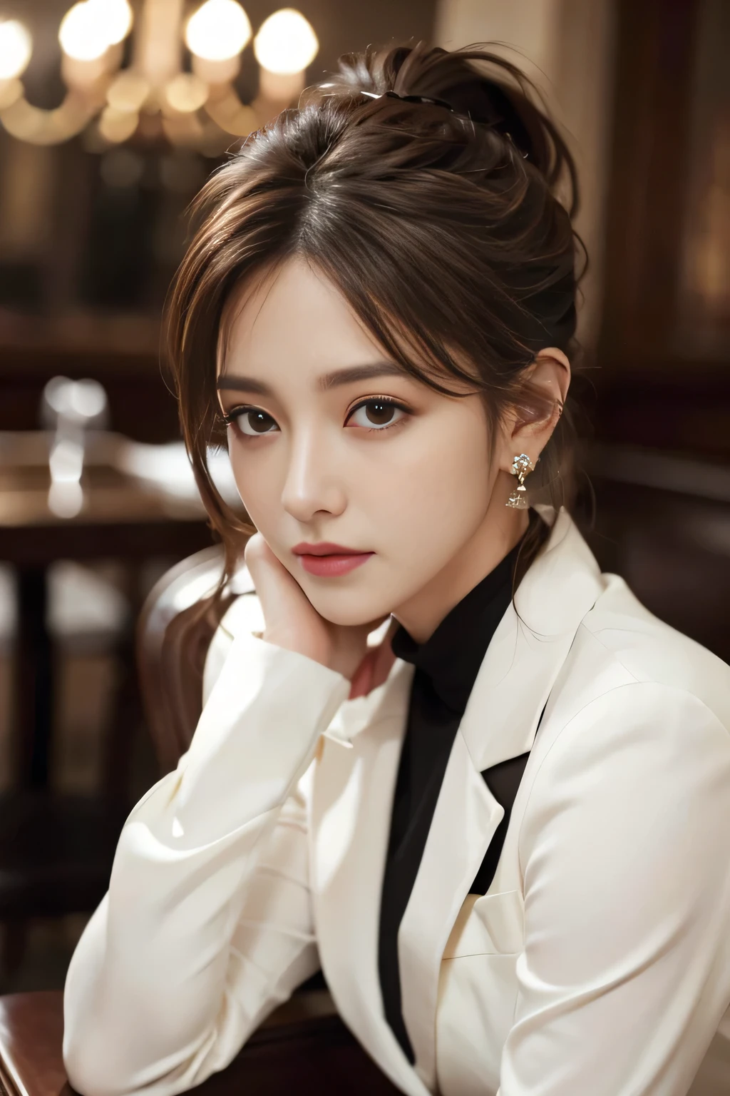 masterpiece, Highest quality, Realistic, Very detailed, Finer details, High resolution, 8k wallpaper, One beautiful woman, Wear a nice suit, In a great restaurant, At night, Light brown messy ponytail, Perfect dynamic composition, Beautiful and beautiful eyes、Big earrings、Sit on a chair、