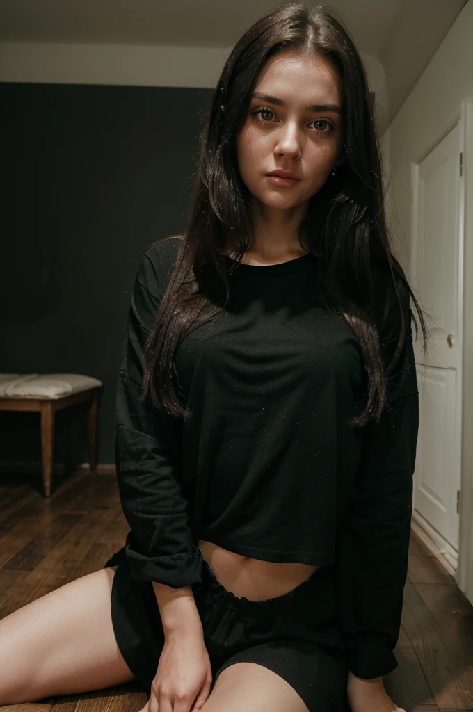 A black-haired girl a little messy her black hair, crying eyes, teary green eyes, tirada en el wooden floor, wooden floor, fine facines, large eyes, green look, scary face, his body covered by a black shirt, wearing a black shirt, in the background a dark room, a night room,pale skin, pale skin, detailed, better quality, tears come out of her green eyes, dark room, dark room, red eyes, pink cheeks, Long straight hair
