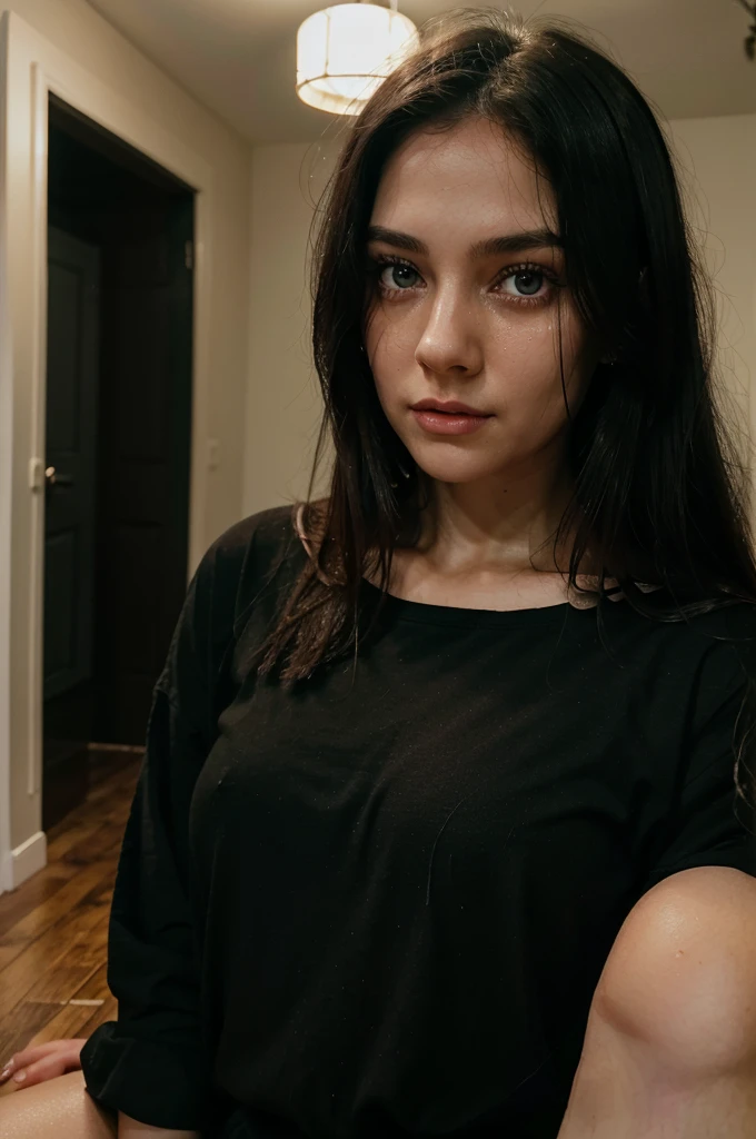 A black-haired girl a little messy her black hair, crying eyes, teary green eyes, tirada en el wooden floor, wooden floor, fine facines, large eyes, green look, scary face, his body covered by a black shirt, wearing a black shirt, in the background a dark room, a night room,pale skin, pale skin, detailed, better quality, tears come out of her green eyes, dark room, dark room, red eyes, pink cheeks, Long straight hair